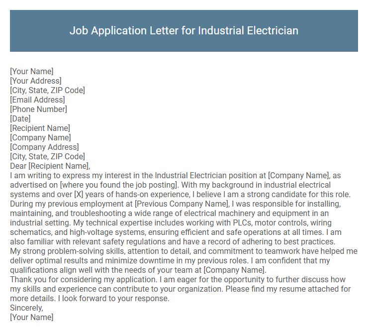 Job Application Letter for Industrial Electrician