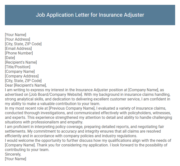 Job Application Letter for Insurance Adjuster