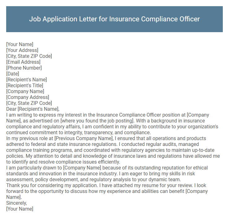 Job Application Letter for Insurance Compliance Officer