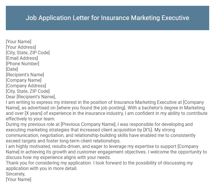 Job Application Letter for Insurance Marketing Executive
