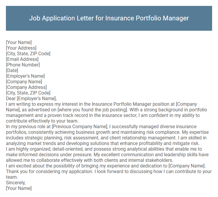 Job Application Letter for Insurance Portfolio Manager