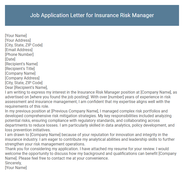 Job Application Letter for Insurance Risk Manager