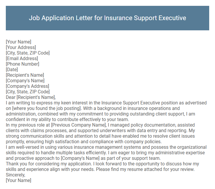 Job Application Letter for Insurance Support Executive
