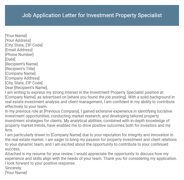 Job Application Letter for Investment Property Specialist