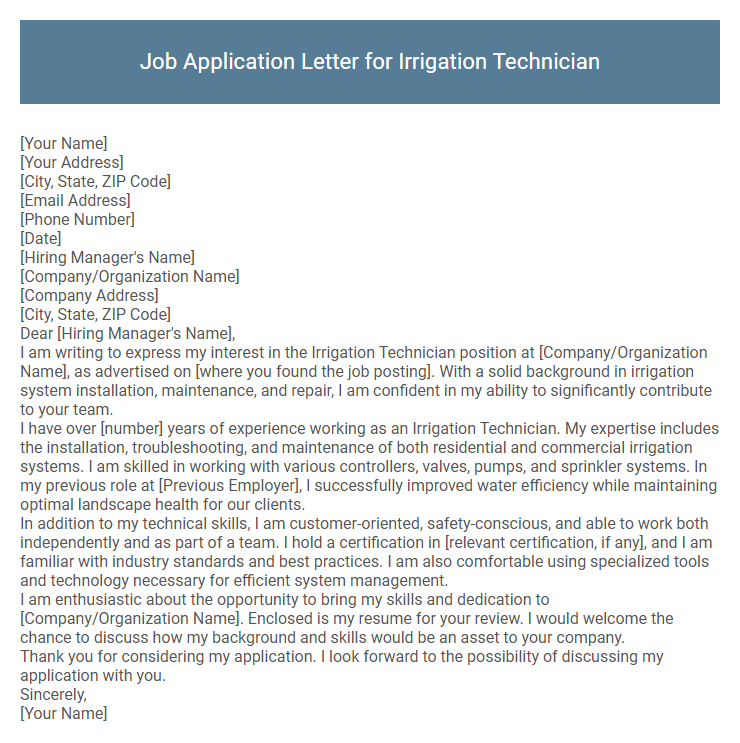 Job Application Letter for Irrigation Technician