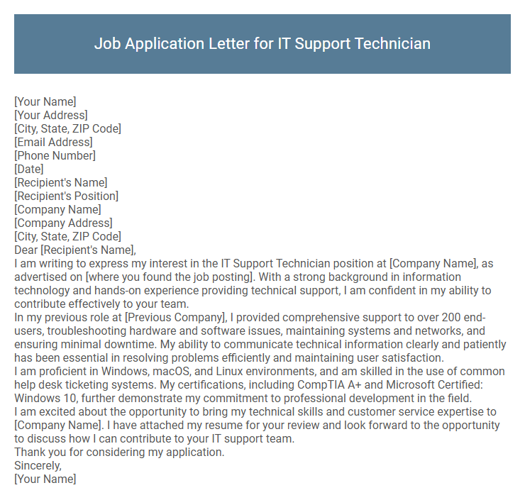 Job Application Letter for IT Support Technician