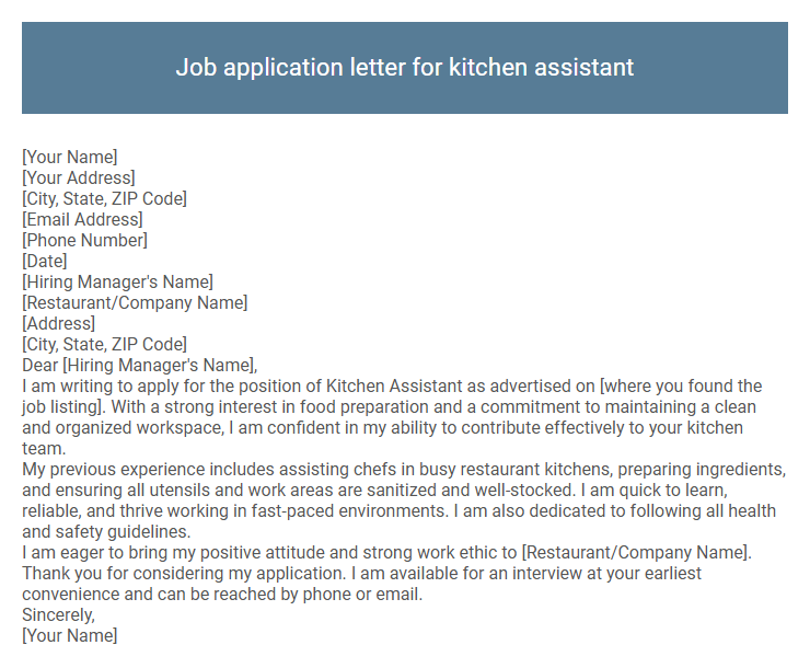 Job application letter for kitchen assistant