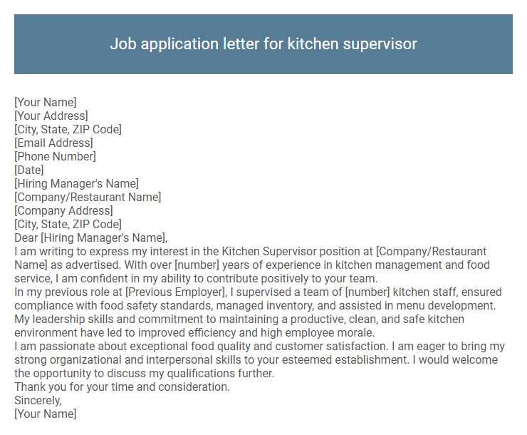 Job application letter for kitchen supervisor