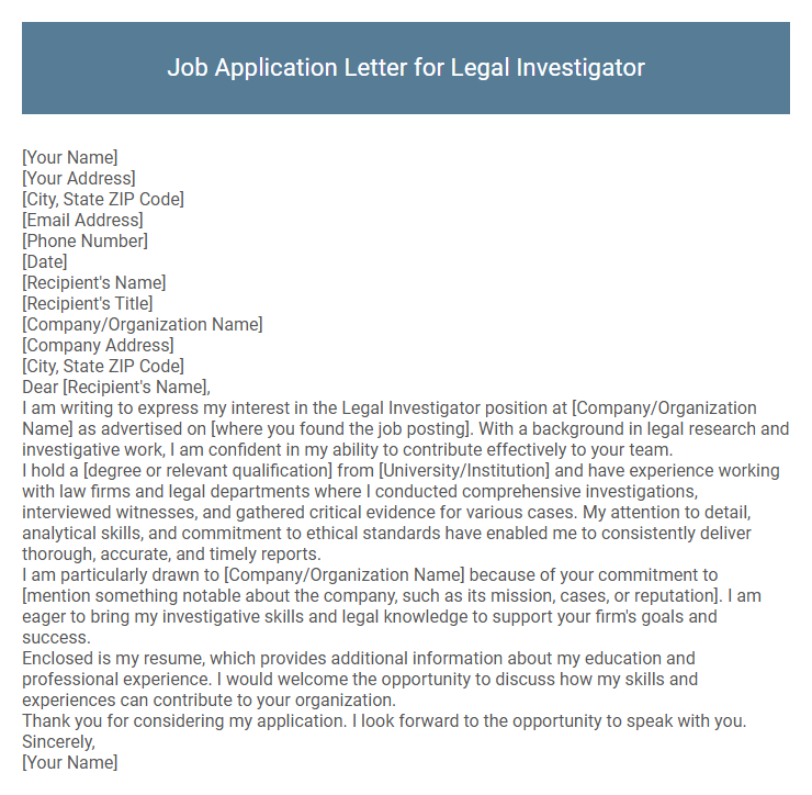 Job Application Letter for Legal Investigator