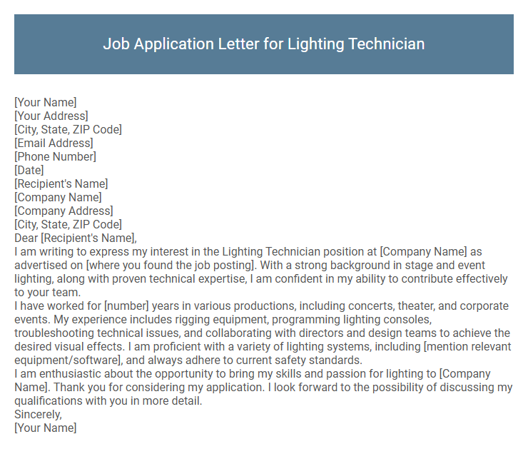 Job Application Letter for Lighting Technician