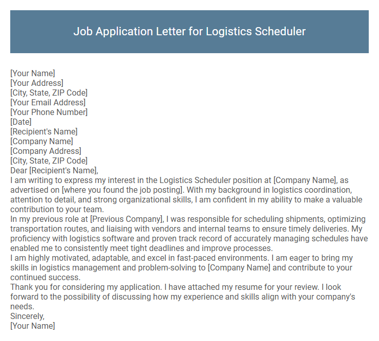 Job Application Letter for Logistics Scheduler