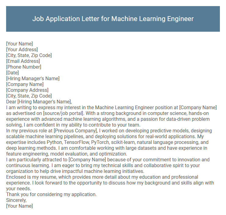 Job Application Letter for Machine Learning Engineer