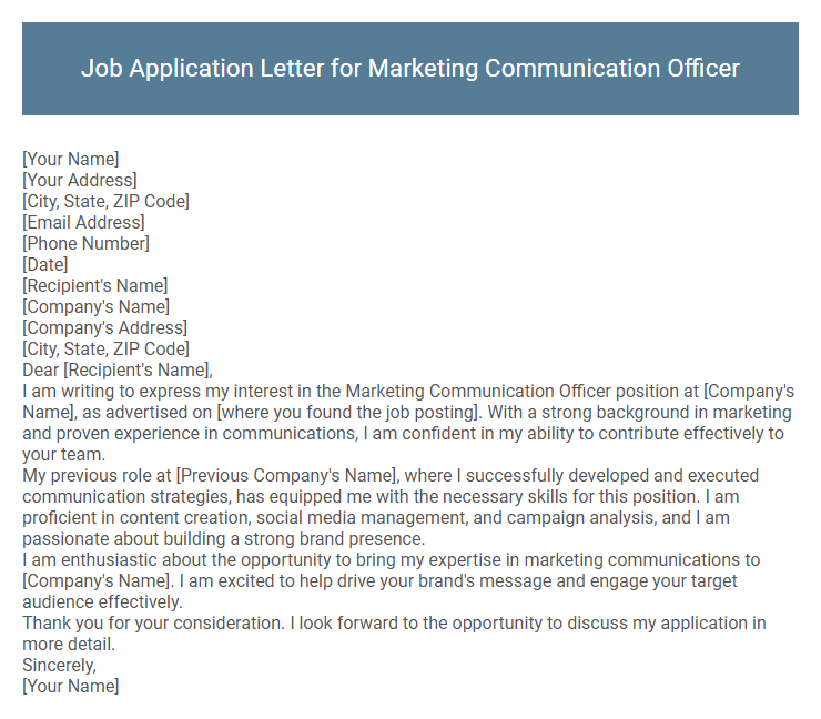 Job Application Letter for Marketing Communication Officer
