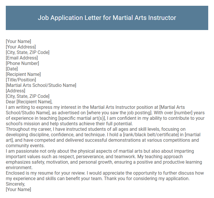 Job Application Letter for Martial Arts Instructor