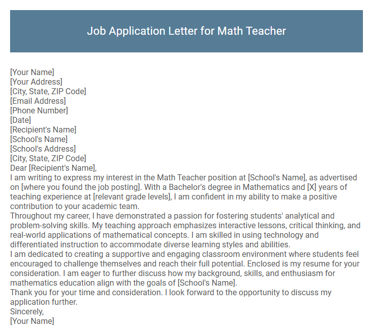 Job Application Letter for Math Teacher