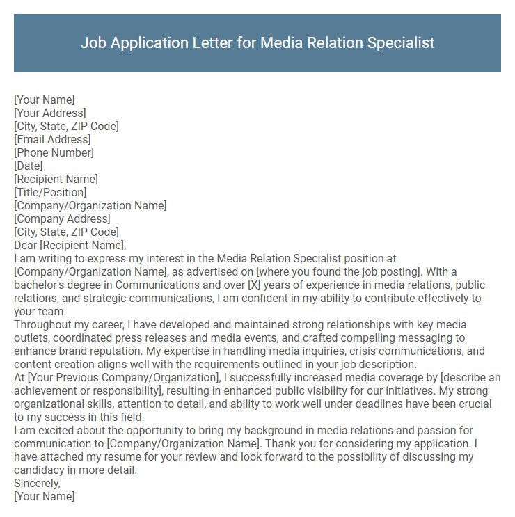 Job Application Letter for Media Relation Specialist