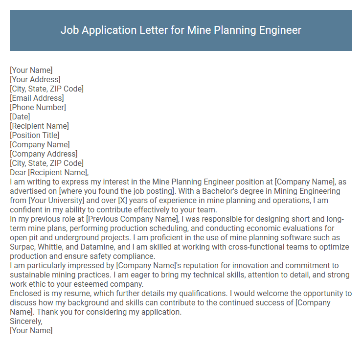 Job Application Letter for Mine Planning Engineer