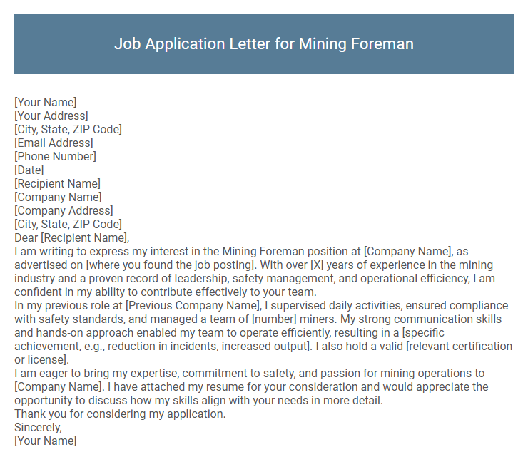 Job Application Letter for Mining Foreman