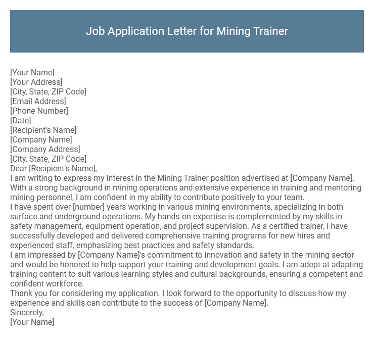Job Application Letter for Mining Trainer