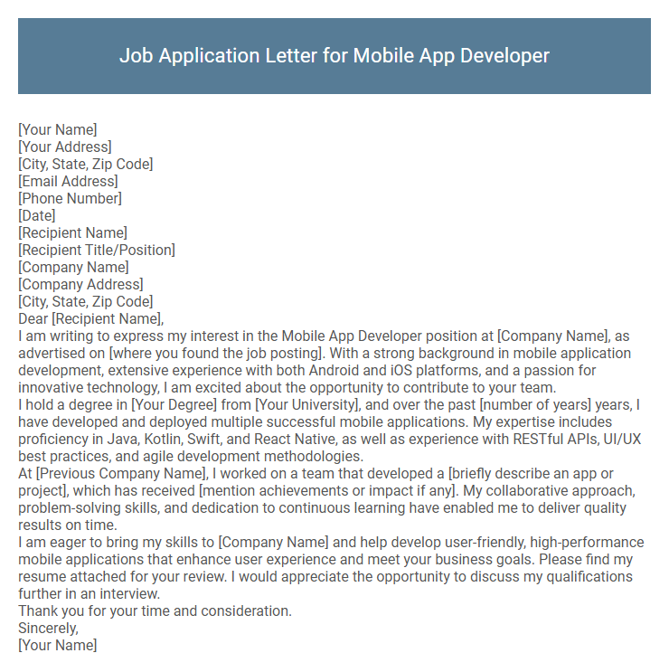 Job Application Letter for Mobile App Developer