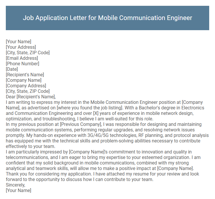 Job Application Letter for Mobile Communication Engineer