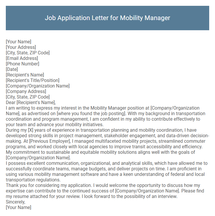 Job Application Letter for Mobility Manager