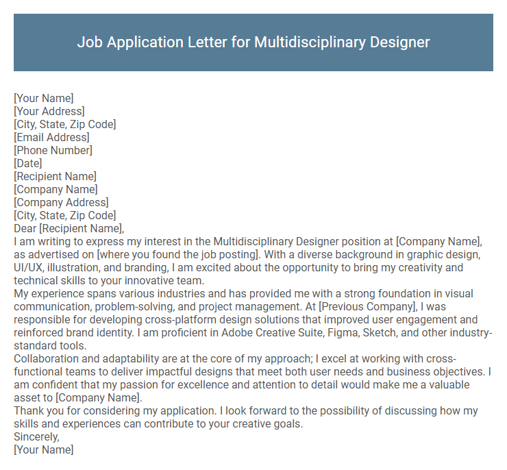 Job Application Letter for Multidisciplinary Designer