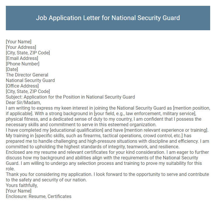 Job Application Letter for National Security Guard