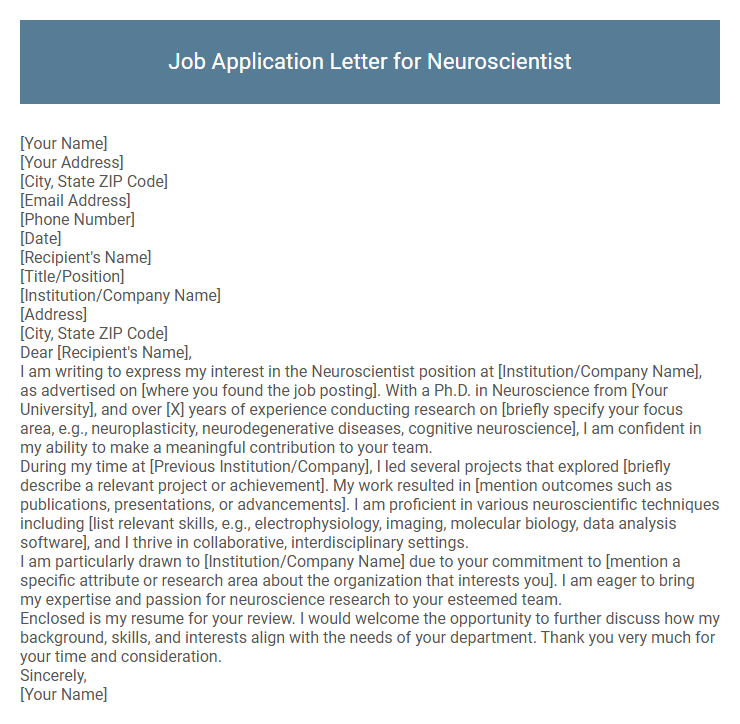 Job Application Letter for Neuroscientist