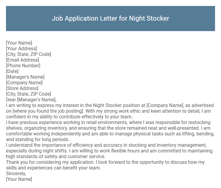 Job Application Letter for Night Stocker