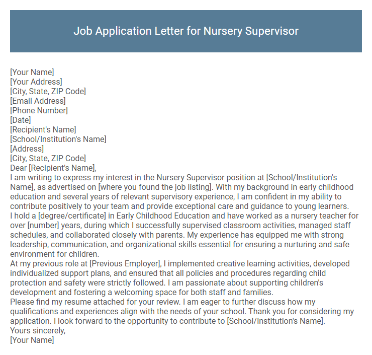 Job Application Letter for Nursery Supervisor