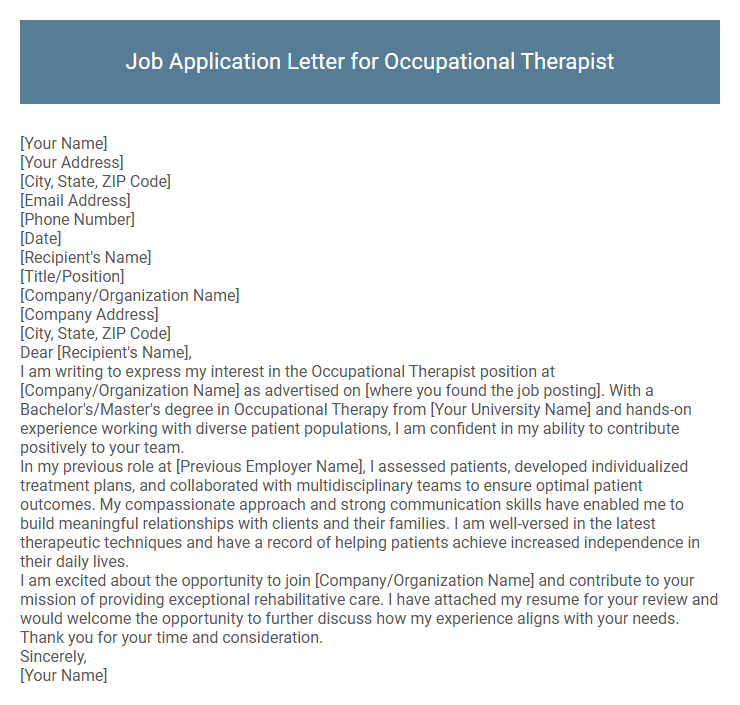 Job Application Letter for Occupational Therapist