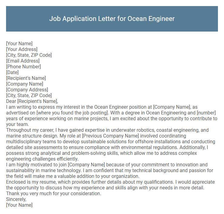 Job Application Letter for Ocean Engineer