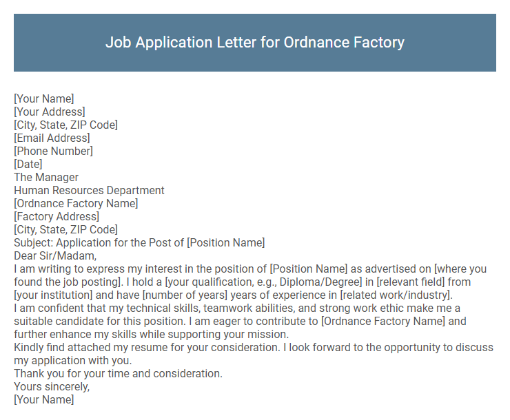 Job Application Letter for Ordnance Factory