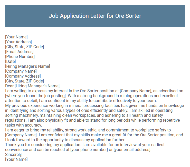 Job Application Letter for Ore Sorter