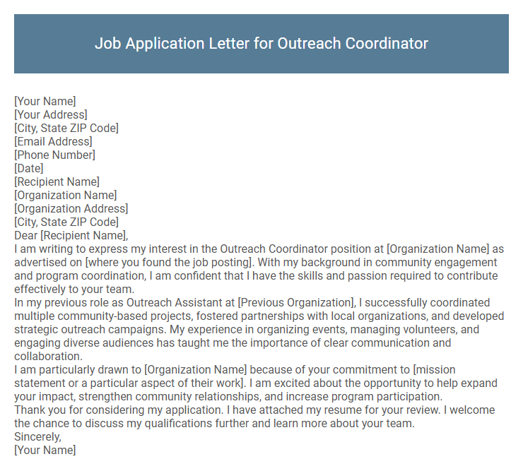 Job Application Letter for Outreach Coordinator
