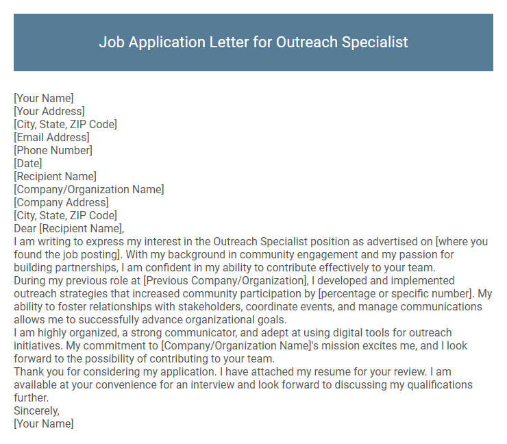 Job Application Letter for Outreach Specialist