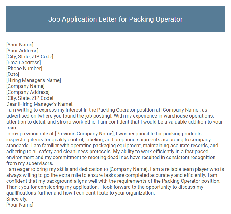 Job Application Letter for Packing Operator