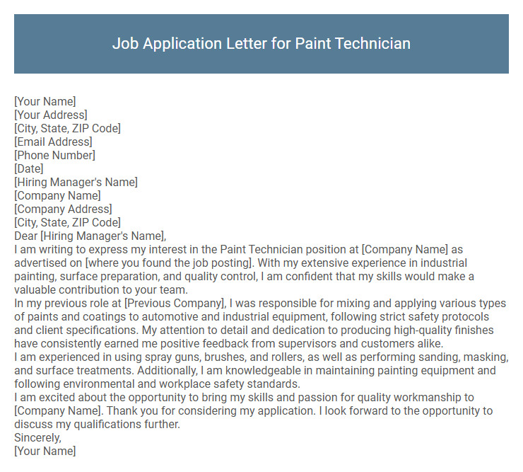 Job Application Letter for Paint Technician