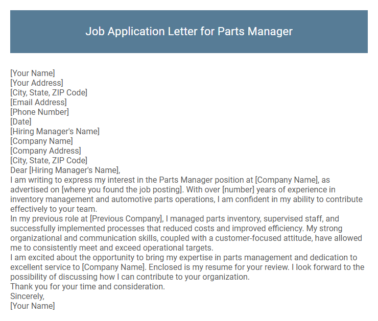 Job Application Letter for Parts Manager