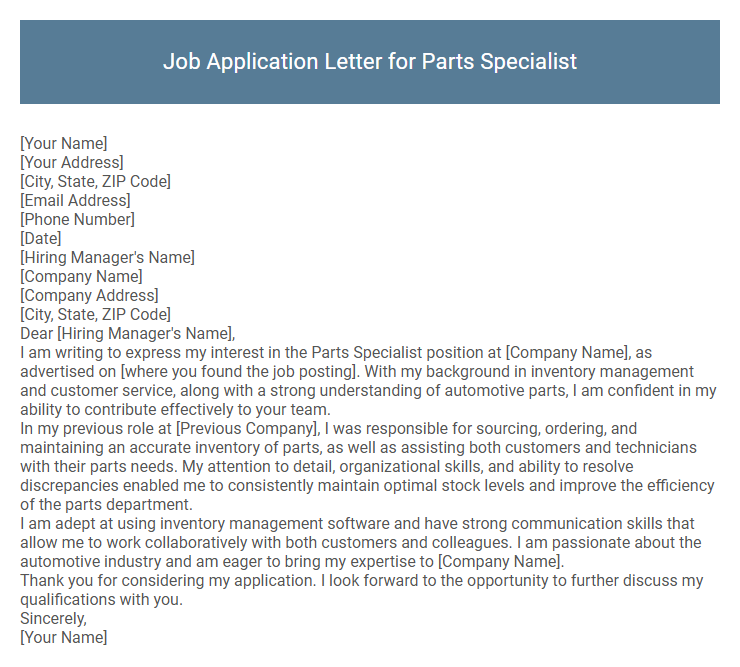 Job Application Letter for Parts Specialist