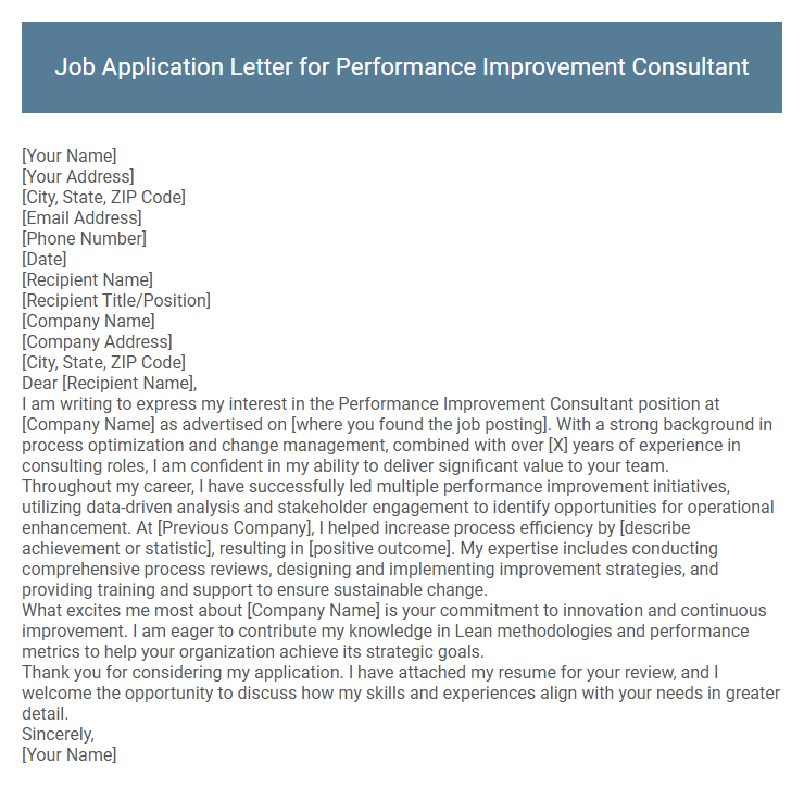 Job Application Letter for Performance Improvement Consultant