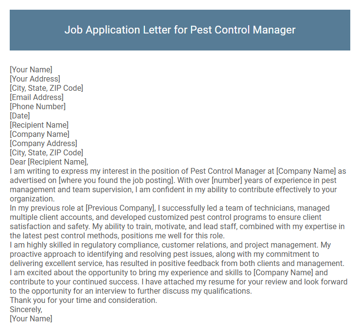 Job Application Letter for Pest Control Manager