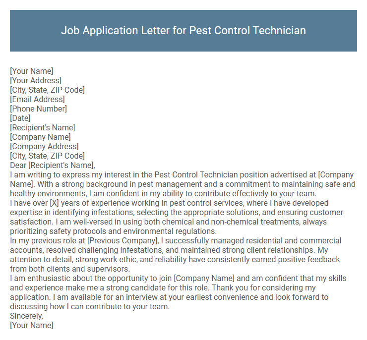 Job Application Letter for Pest Control Technician