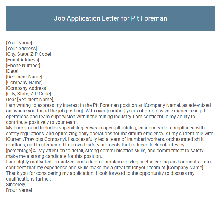 Job Application Letter for Pit Foreman