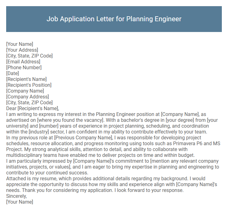 Job Application Letter for Planning Engineer