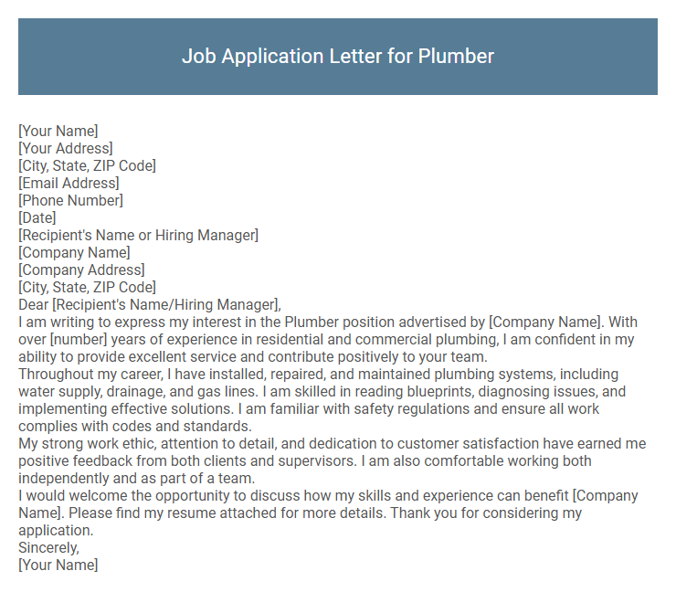 Job Application Letter for Plumber