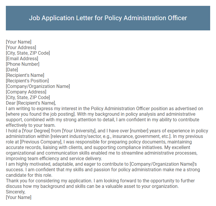 Job Application Letter for Policy Administration Officer