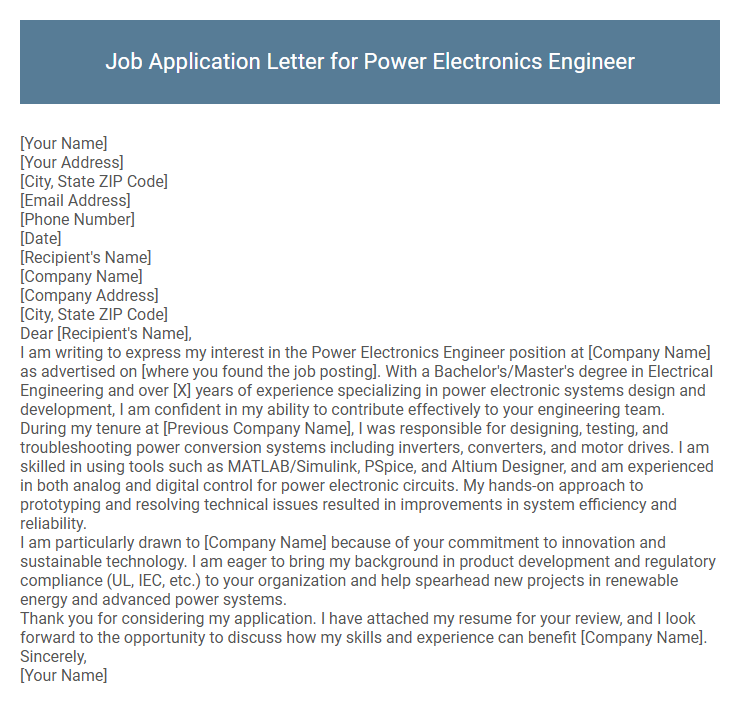 Job Application Letter for Power Electronics Engineer