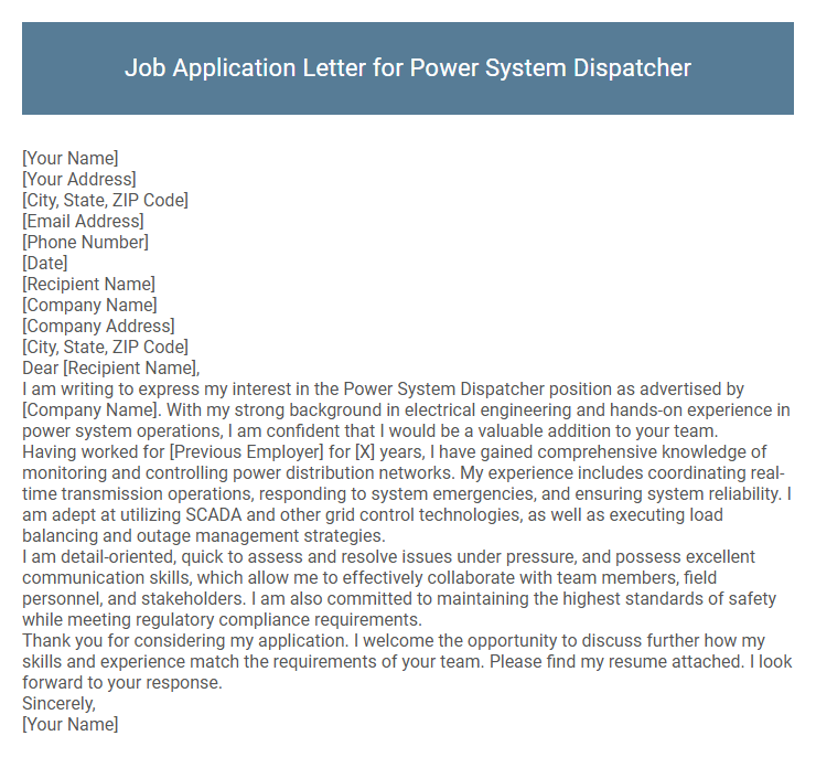 Job Application Letter for Power System Dispatcher